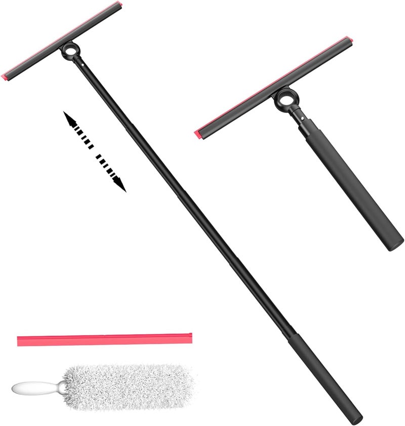 EHOMGUI Shower Squeegee for Glass Doors, Window Squeegee for Home,Squeegee with Telescopic Extension Pole,Professional Window Cleaning Tool, Black, for Mirror, Glass, Ceramic Tile - Image 1